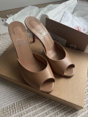 Christian Louboutin Tan Leather Open-Toe Slip-On Mules with Red Heel